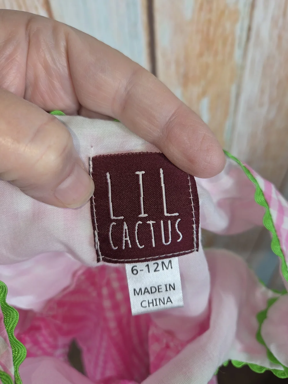Lil Cactus Pink Gingham Girls' Dress w/Green Bird Applique. 100% Cotton. 6-12m